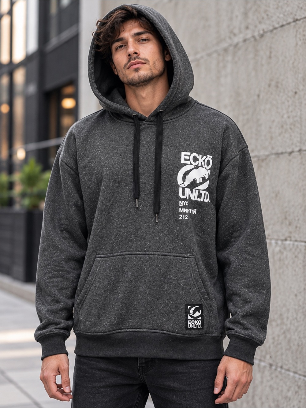 Ecko Unltd Men’s Large Heather Gray Rhino NYC Graphic Pullover Hoodie Streetwear